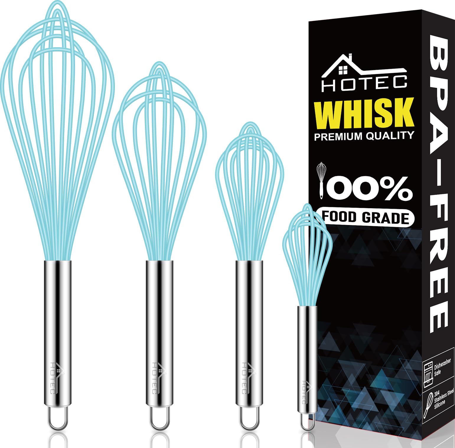 HOTEC 4 Pieces Silicone Whisks Set, Wire Balloon Whisks for cooking Egg Beater, Non-slip Handle Whisk for Non-stick Cookware Perfect for Cooking, Stirring, Beating and Blending,Blue