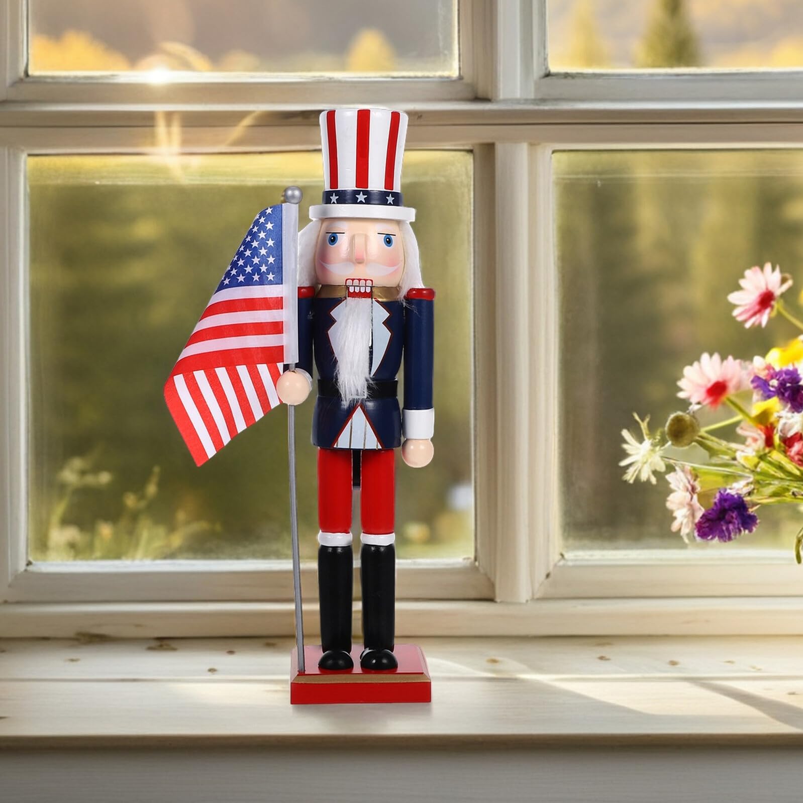 Cabilock Nussknacker Figur 38cm mit Beweglichem Maul Amerikanischer Soldat mit Flagge Stabile Tischdekoration für Unabhängigkeitstag und Weihnachten