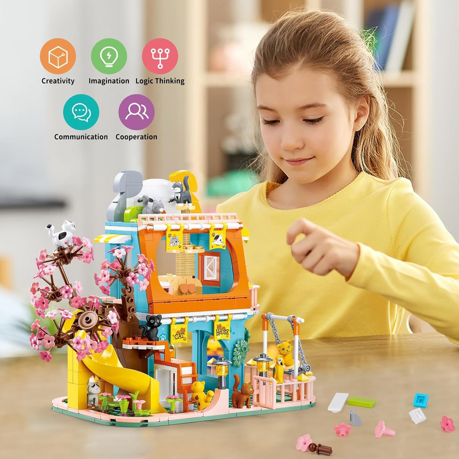QGGQ Building Blocks, Katzenhaus Bausteine Spielzeug, MOC Creative STEM Friends Haus klemmbausteine Baustein Set, Geschenk fr Jungen und Mdchen im Alter von 14+ Jahren (521 Pcs) - Image 4
