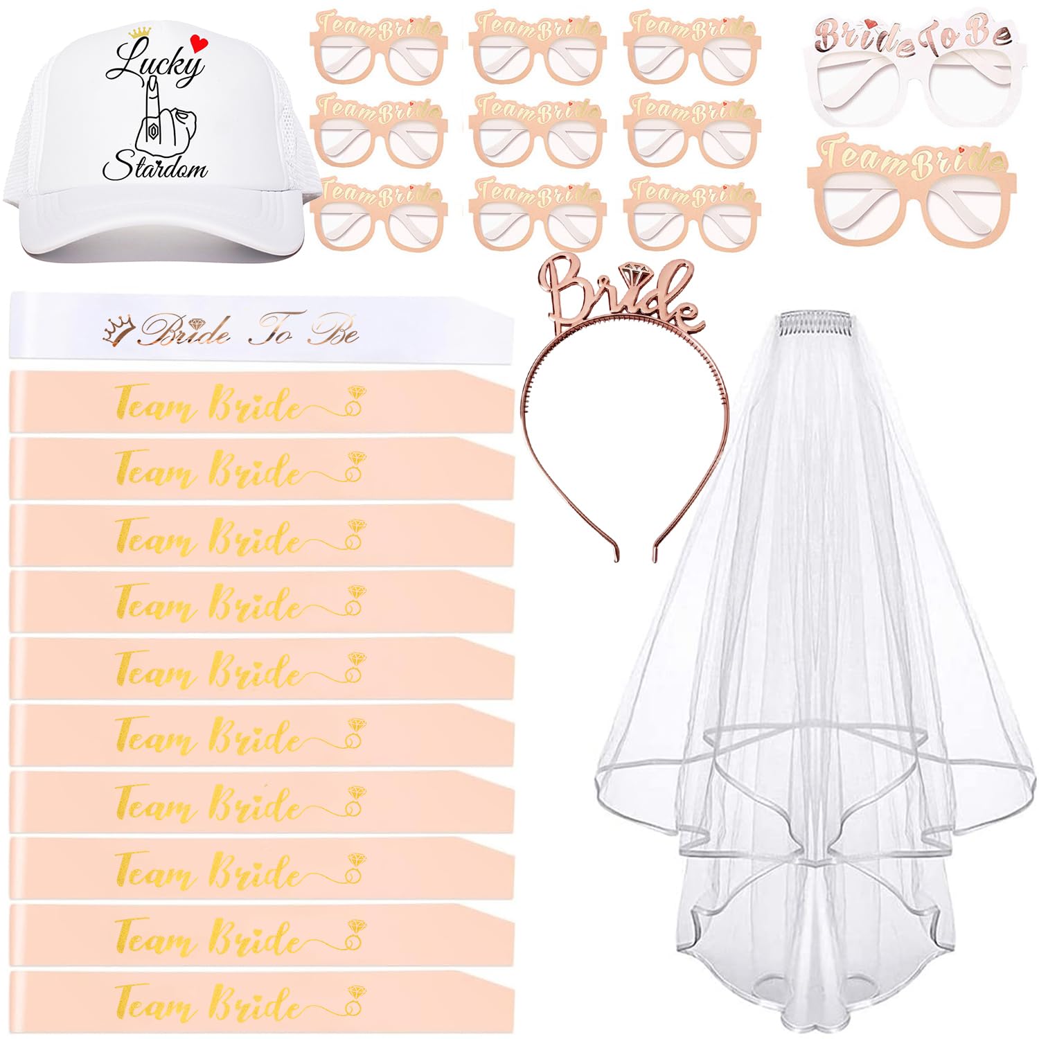 luckystardom 25 PCS Hen Do Accessories, 1 Bride to be Sash10 Team Bride Sash11 Hen Party Glasses1 Hen Party Veil1 Bride to be Tiara1 Wedding ring gesture logo baseball cap โ image 1