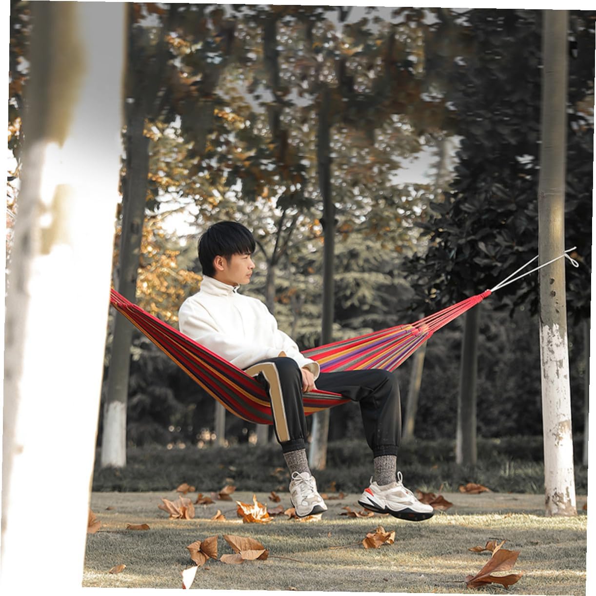 NOLITOY Single Outdoor Camping Hammock with Canvas Fabric, Anti-Rollover Swing Chair, Red Summer Leisure Hanging Chair for Hiking and Backyard Relaxation