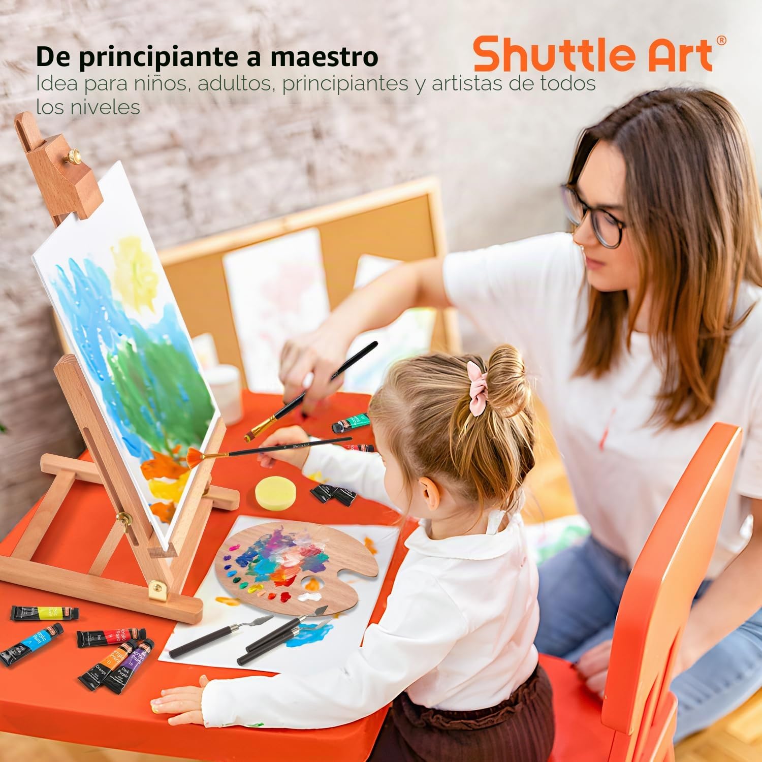Shuttle Art 66 Pack Set de Pintura Acrílica con 30 Tubos 12ml Pintura Acrílica, Caballete Pintura de Madera,Lienzo para Pintar,Pinceles,Paletas, Set Pinturas para Niños Adultos Artistas Principiantes