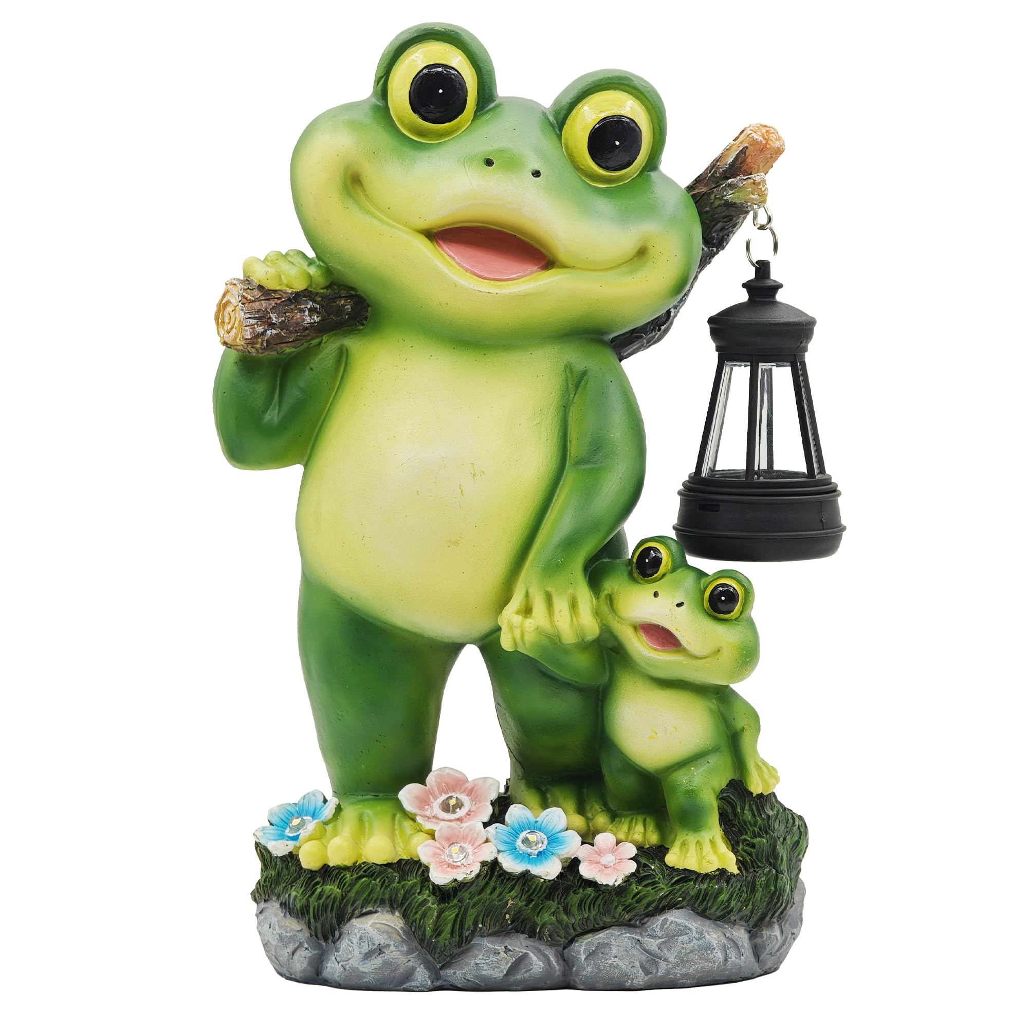 Decorazione da giardino a forma di rana per esterni: decorazione da giardino da 25,4 cm con lanterna a LED, divertente statua solare genitore-figlio, regalo per donne, giardiniere