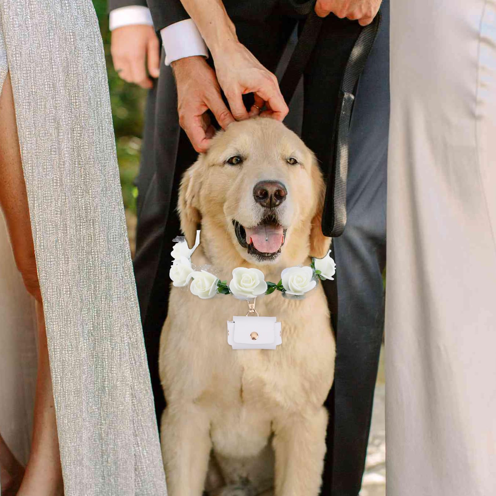 NICENEEDED Lot de 3 colliers pour mariage, chien, ensemble de fleurs, perles de laisse pour chiens avec perles porte-alliances, nœud papillon réglable pour le cou du chien