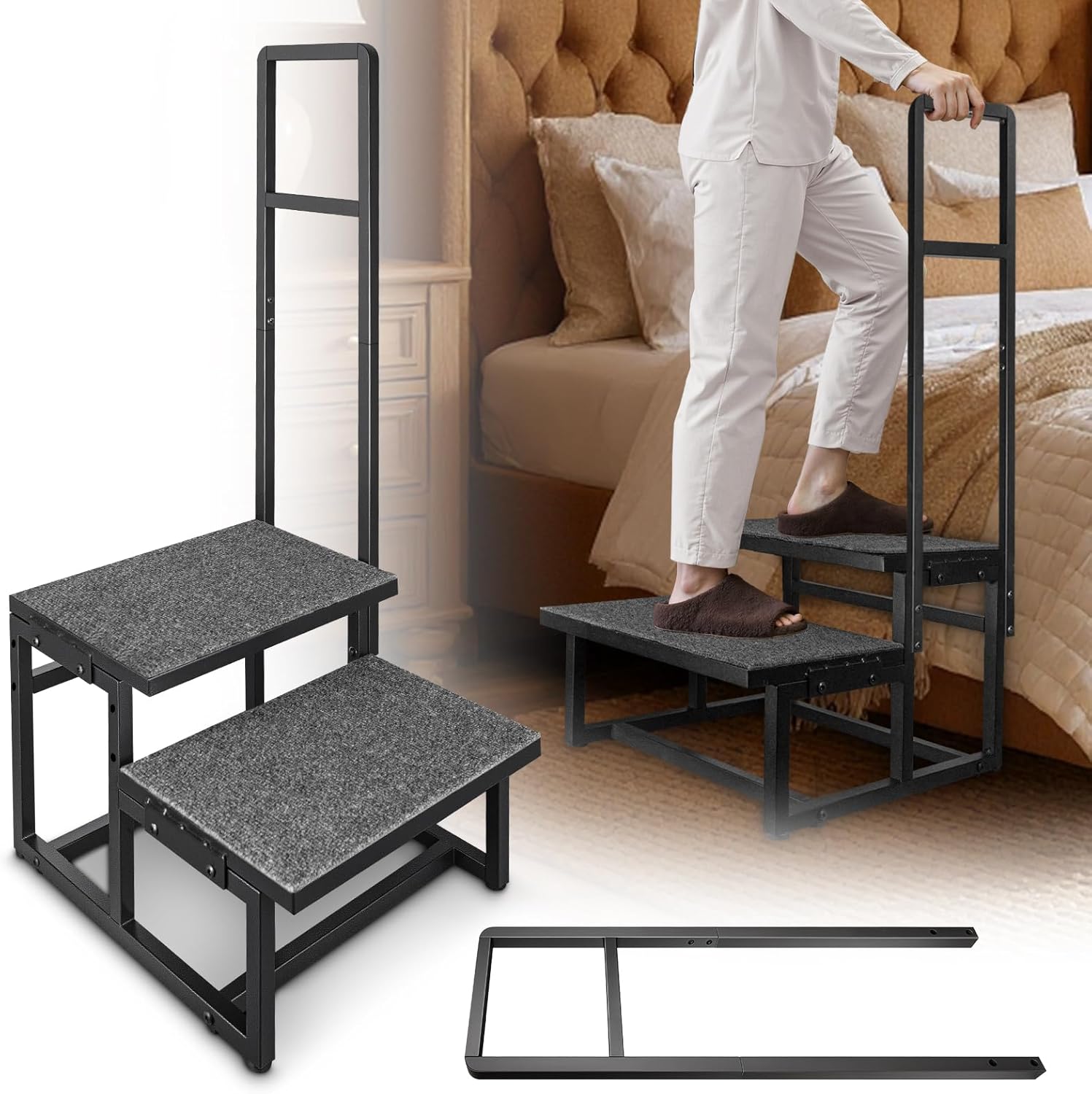 2-(similar to stock photo) Step Stool with Handles for Elderly, Heavy Duty Stainless Steel Non-Slip Step Stool (Black, with Extra Handle)