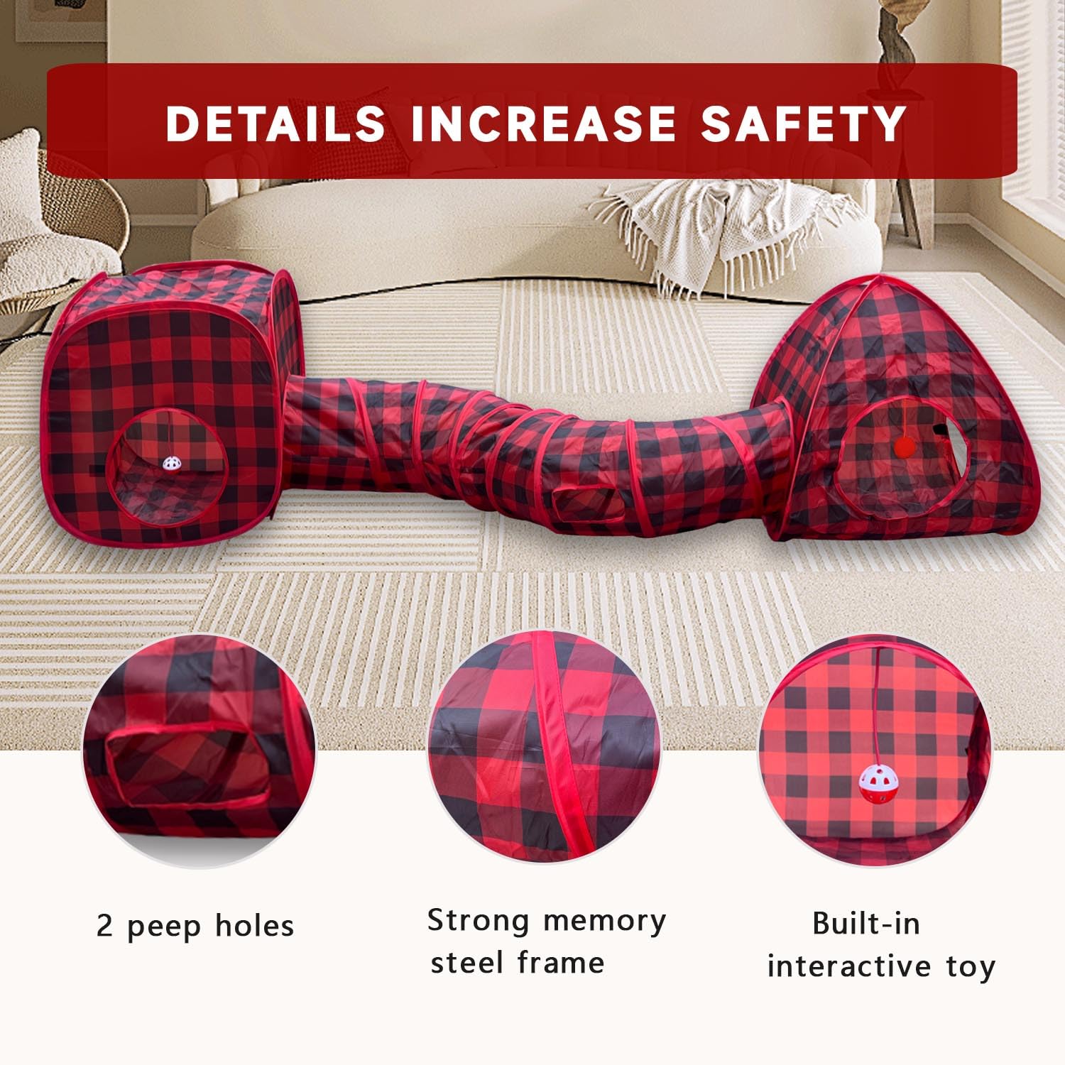 GONPETGP Cat Tunnels for Indoor Cats with Cube Tent Toys Combo, Pop Up Collapsible Crinkle Interactive Peek Hole, Cat Tube with Play Ball and Bell for Kitten, Puppy, Kitty, Rabbit - Set of 3