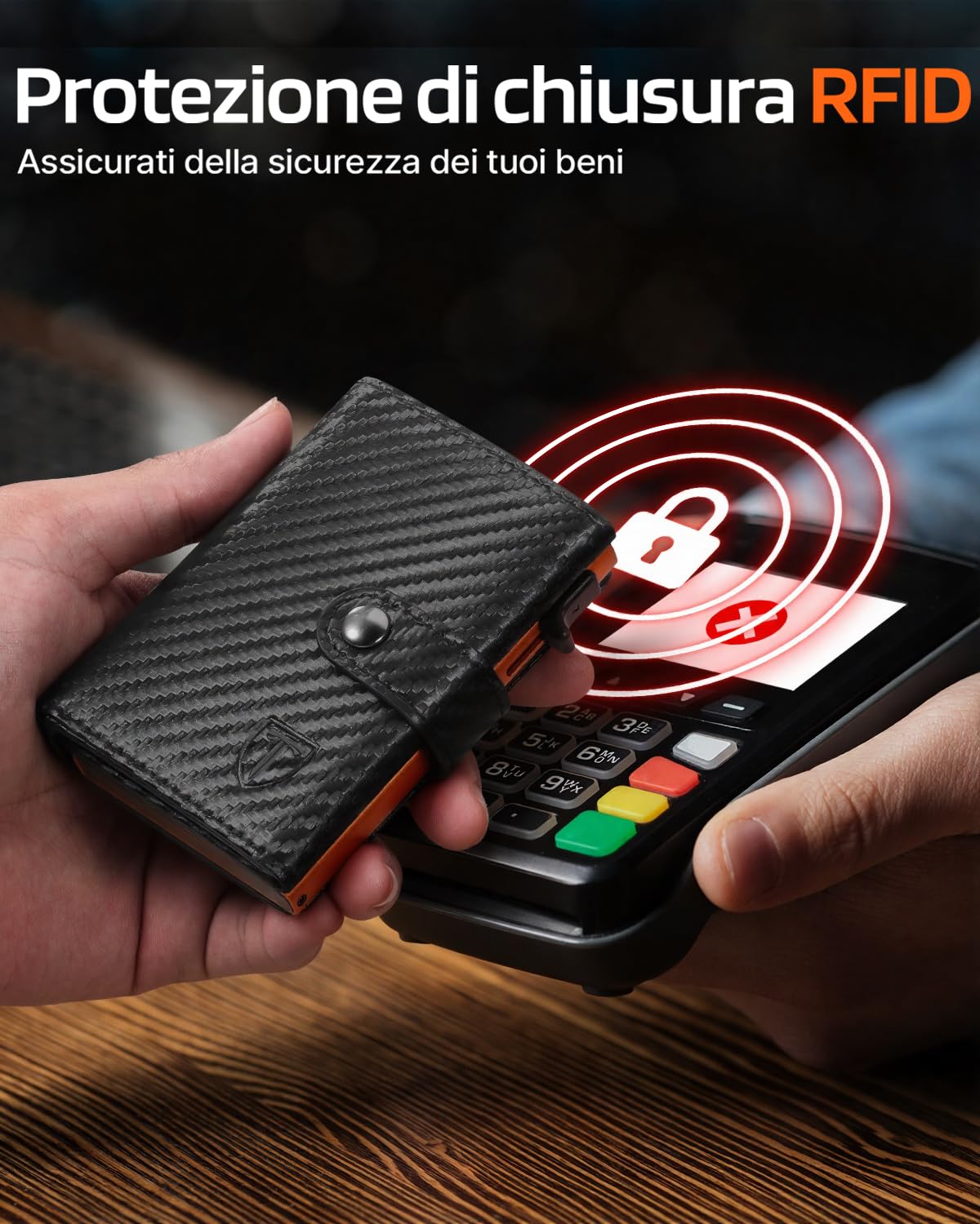 Tomylv Portafoglio Uomo Slim RFID Blocking, Fibra di Carbonio Porta Carte di Credito Uomo - ID Window, Tasca Portamonete con Cerniera, Scomparto per Banconota, Confezione Regalo - Nero Arancione