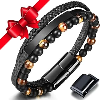 Cadeau Homme - bracelet homme，bracelet Cuir Perles，Bracelet Triple en Cuir avec des Perles en Pierre Naturelle， Cadeau pour hommes/Papa/Mari/Fils