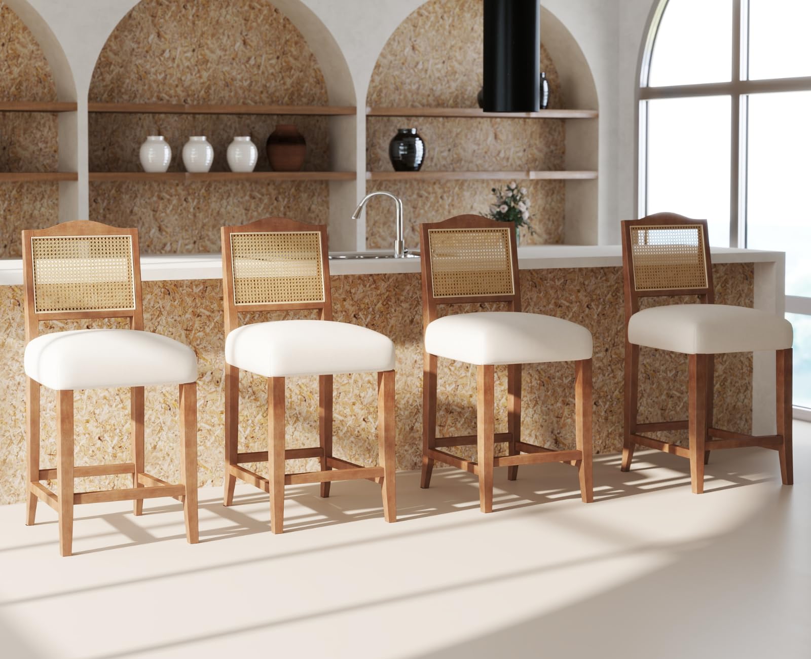 EALSON Counter Height Bar Stools Set of 4 Farmhouse Barstools with Rattan Back Comfortable Upholstered Bar Chairs Mid Century Wood Breakfast Counter