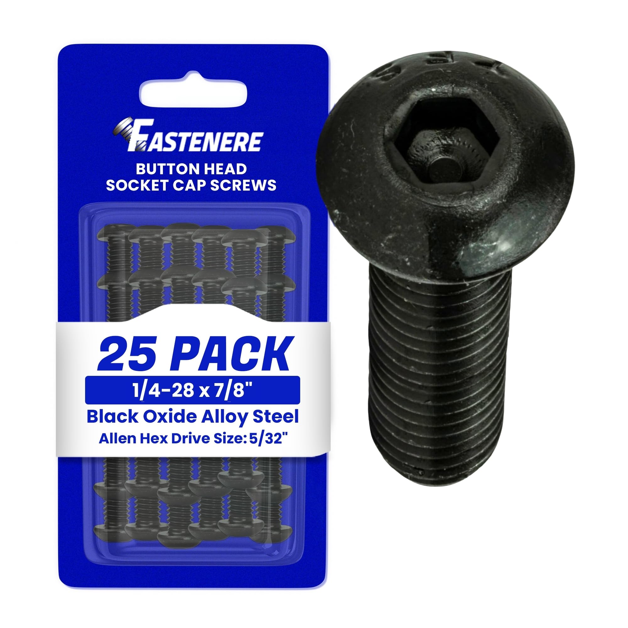 Fastenere Button Head Socket Cap Screws - 1/4-28 x 7/8" (25-Pcs) Alloy Steel, Fully Threaded, Fine Black Oxide Finish, Corrosion-Resistant, Machine