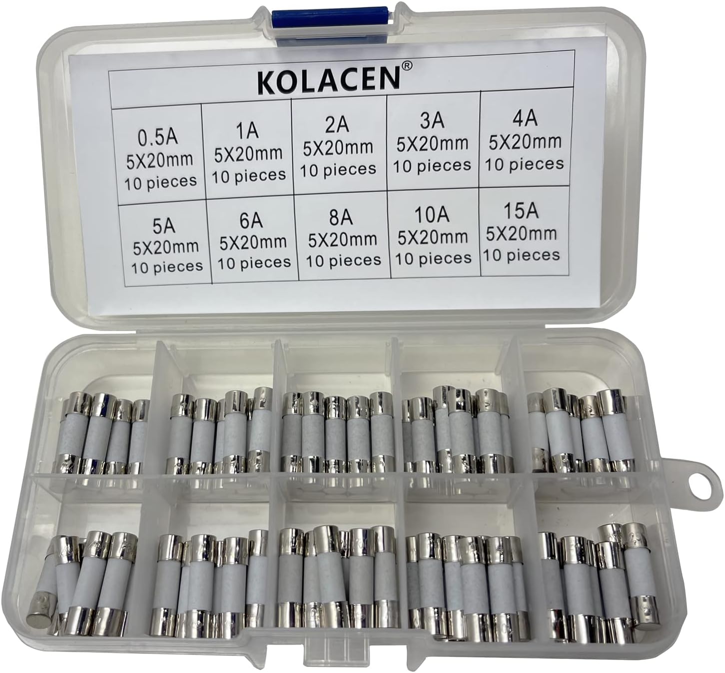 Quick Fast-blow ceramic Tube Fuse 5 x 20 mm Assorted Kit 0.5Amp 1Amp 2Amp 3Amp 4Amp 5Amp 6Amp 8Amp 10Amp 15Amp (Pack of 100)