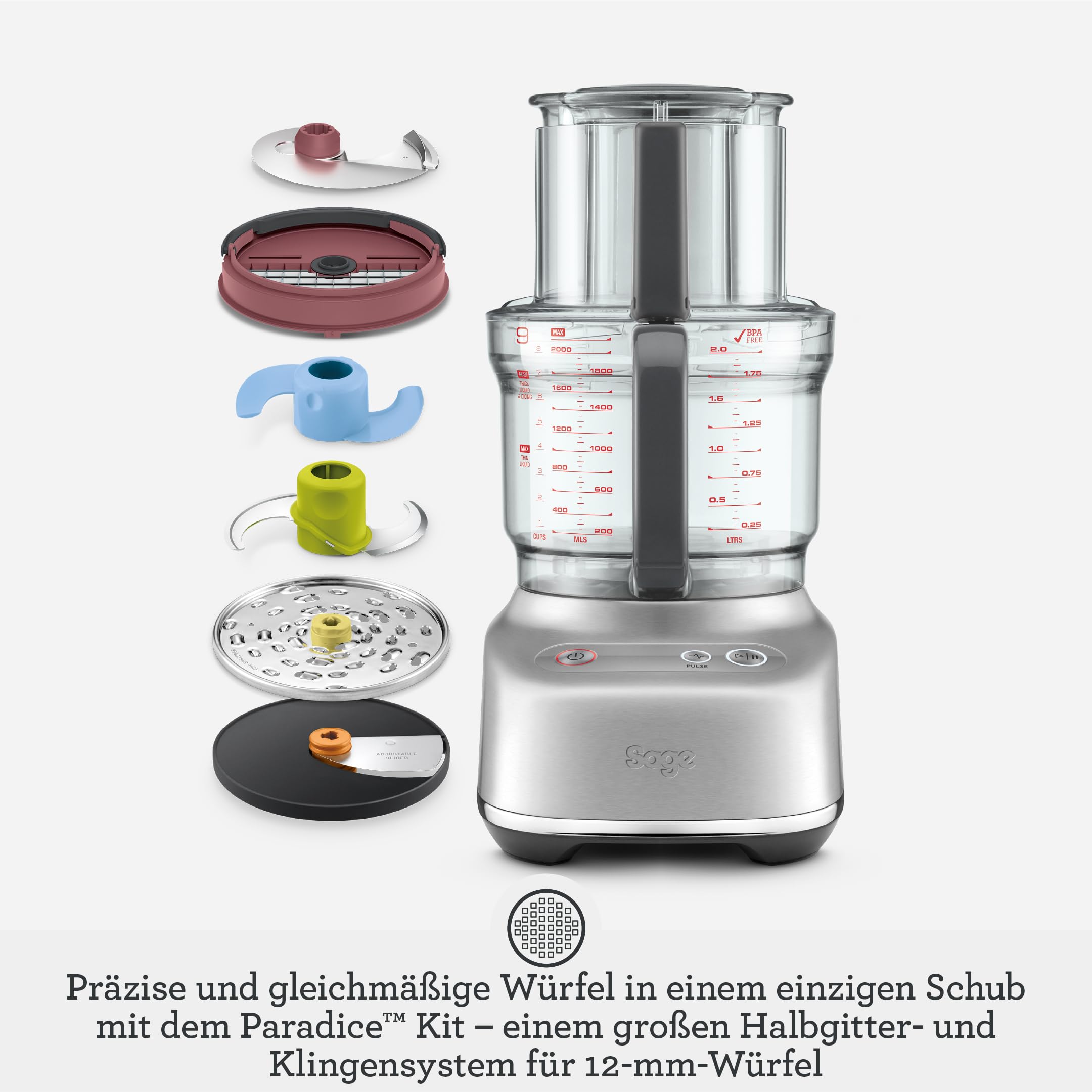 Sage The Paradice 9 Küchenmaschine, Gebürsteter Edelstahl | Multifunktionales Set zum Hacken, Würfeln, Schneiden und Zerkleinern, 9 Tassen Fassungsvermögen, 650W Motor