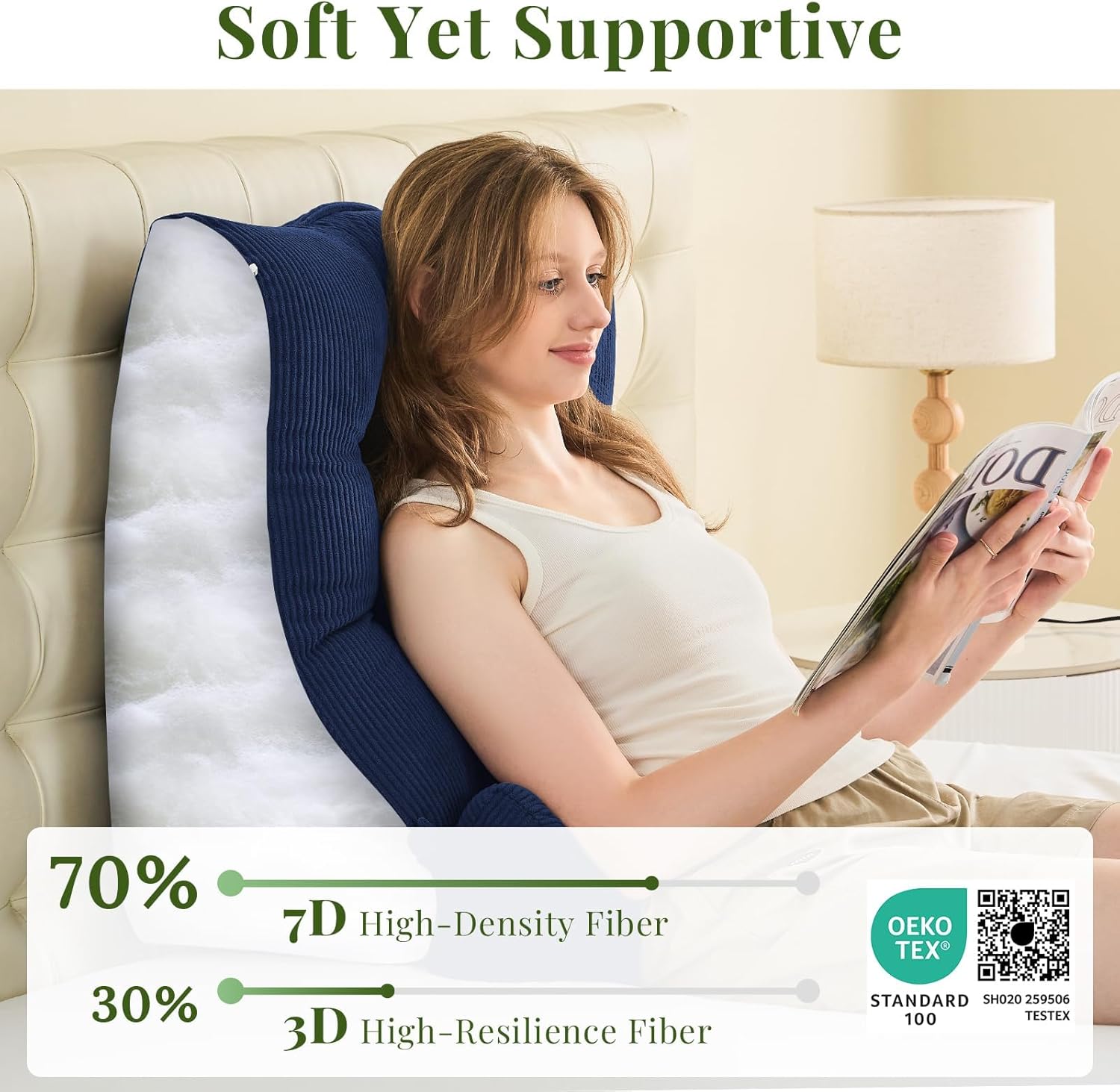 Sasttie Reading Pillows for Sitting in Bed Adult, Velvet Back Pillow, Dark Grey, 2PCS Bed Wedge Pillow Headborad for Sleeping, with Neck Cushion, Oeko-Tex Certified, 23"x11.5"x23", Navy