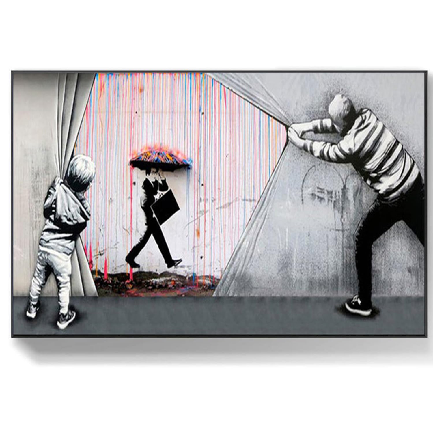 DQTUYIOP Banksy Canvas Wall Art for Living Room Colorful Rain Picture 60x80cm Frameless Vintage Graffiti Street Walls Painting Prints Modern Pop Art Posters Inspirational Artwork