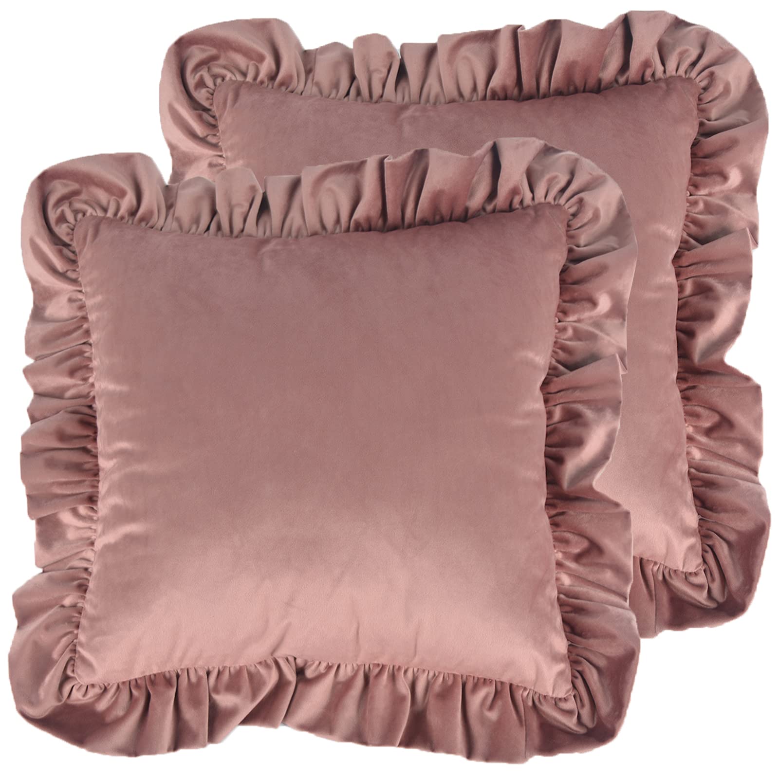 Velvet Throw Pillow Covers With Ruffles - Pack Of 2 Gold 16x16 Inch Decorative Covers