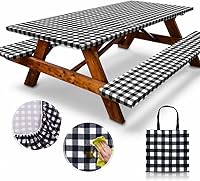 Vista 18 de RNOONY Mantel de vinilo ajustable para mesa de picnic con fundas de banco y bolsa, mantel de picnic impermeable para exteriores de 6 pies con bordes