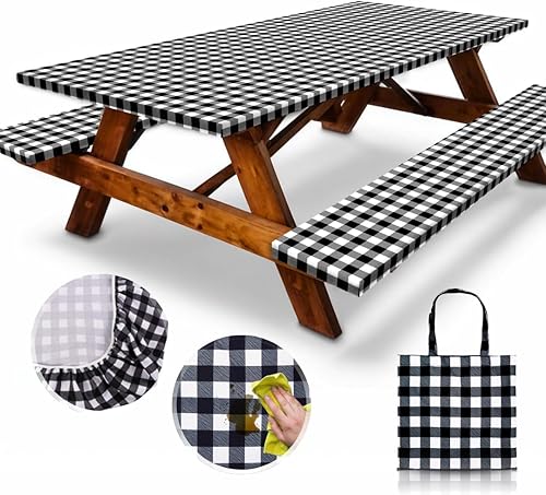Miniatura 68 de RNOONY Funda de mesa de picnic de poliéster de 8 pies con fundas de banco, resistente al viento y al agua, perfecto para regalos de campamento