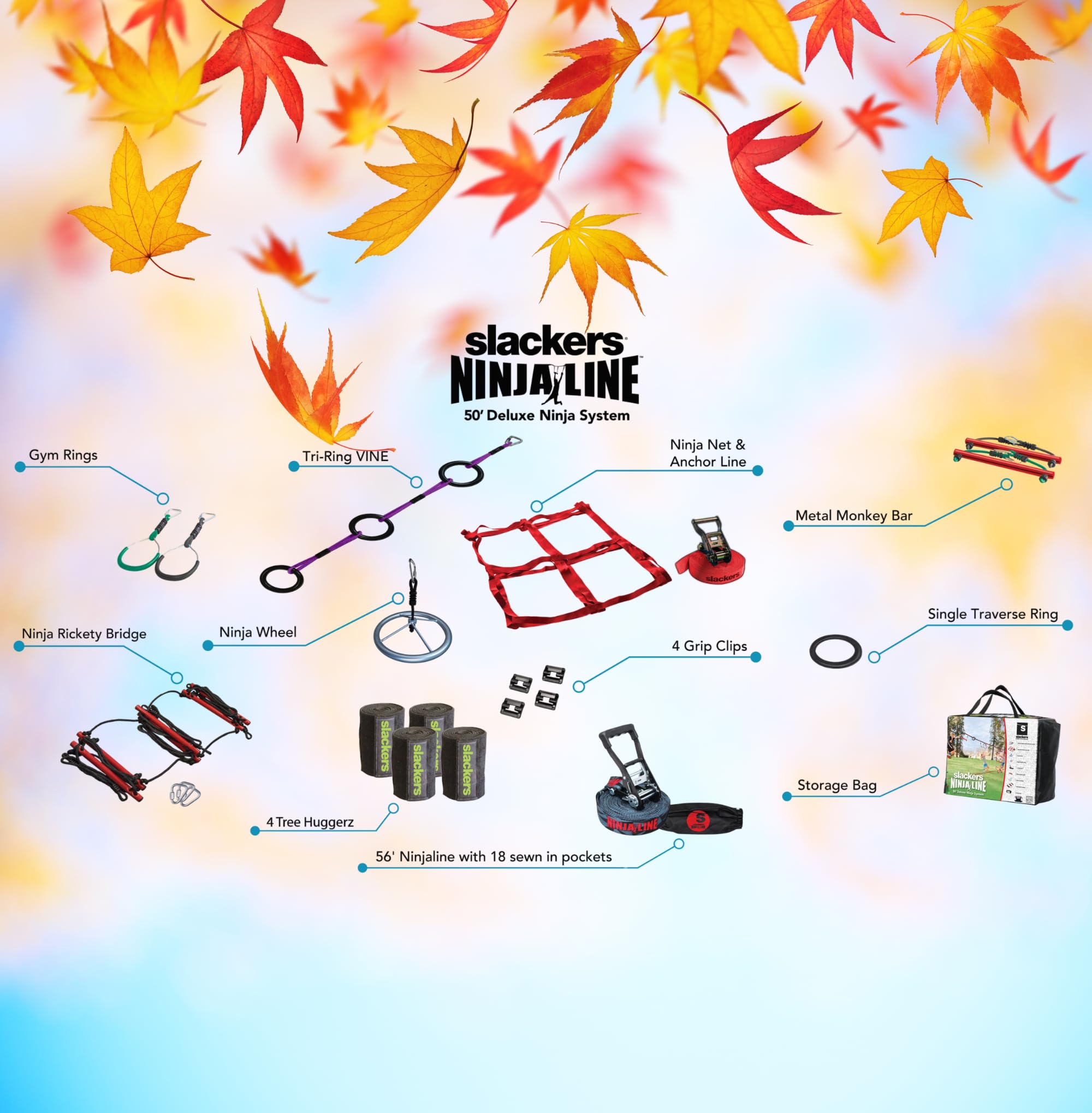 Slackers Deluxe Ninjaline Kit 56 ft with 9 Hanging Obstacles