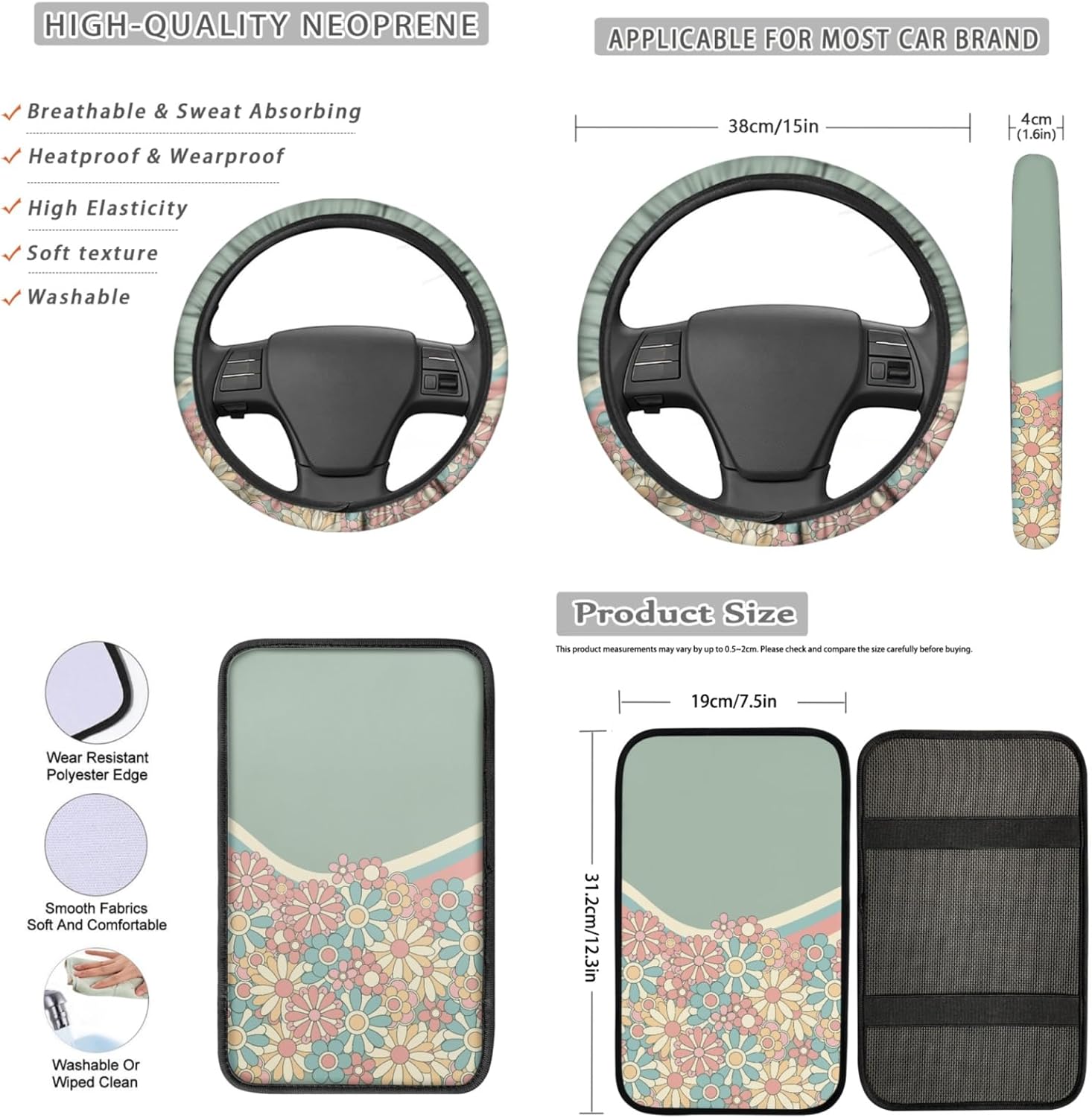 CLOHOMIN Hippie Flowers Aztec Auto Seat Cover Full Set of 13 Green Steering Wheel Cover Seat Belt Pads Armrest Cover Cup Holders Key Ring Car Accessories Set