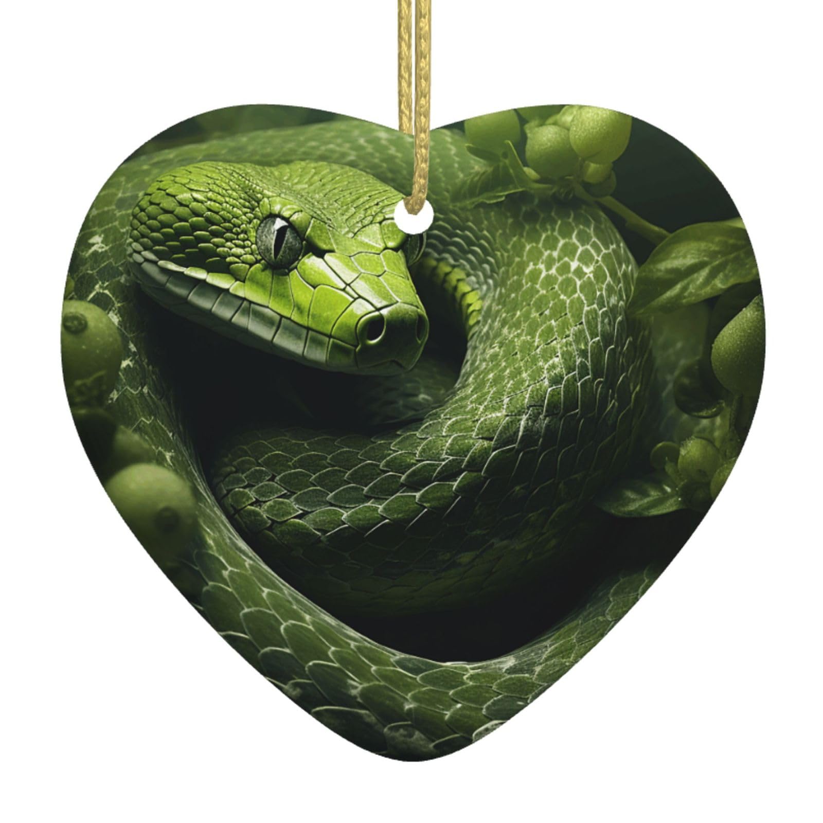 Green Snake On Trees Christmas Ornament 2025 Heart Ceramic Hanging Ornaments for Home Decor Christmas Decorations with Gold Rope Double-Sided Xmas Tree Ceramic Hanging for Holiday Party