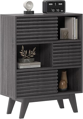 soges Armario lateral moderno de mediados de siglo soporte de almacenamiento de 3 niveles con puertas corredizas armario de almacenamiento de