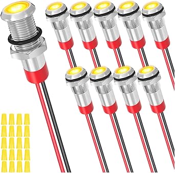 10Pcs 6mm DC 12-24V 1A Yellow LED Metal Indicator Light Waterproof Signal Lamp with 150mm Cable Length Metal LED Indicator Light and Wiring Cap for Car Interior Trucks Boats Engine taillight