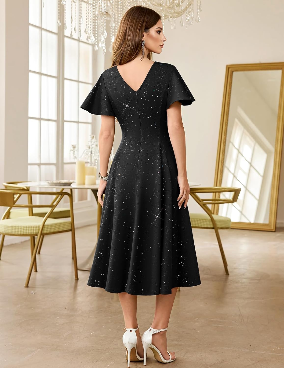 HomRain Women's Sequin Formal Dresses Wedding Guest Cocktail Party A-Line Flare Sleeve Gowns - Image 2