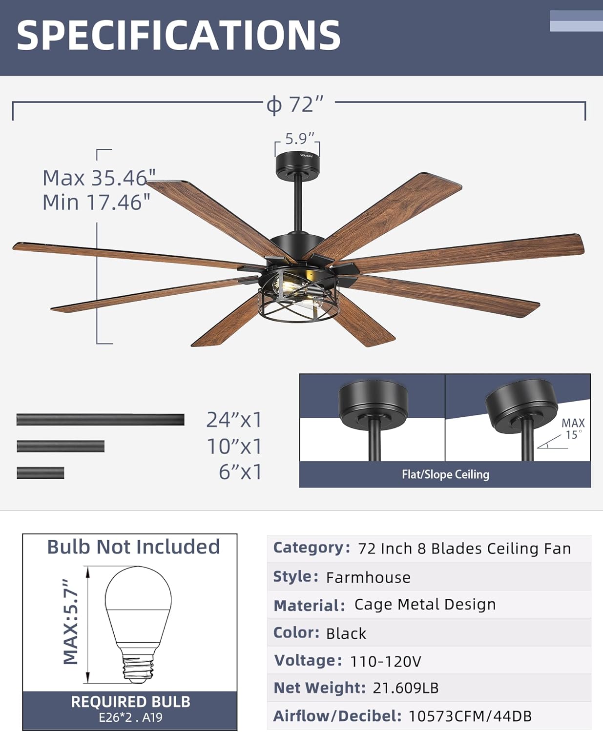 YOUKAIN Farmhouse Ceiling Fan, 72 Inch Ceiling Fans with Lights and Remote, 8-Reversible Blades with Matte Black/Wooden Finish, 72-YJ632-BKW
