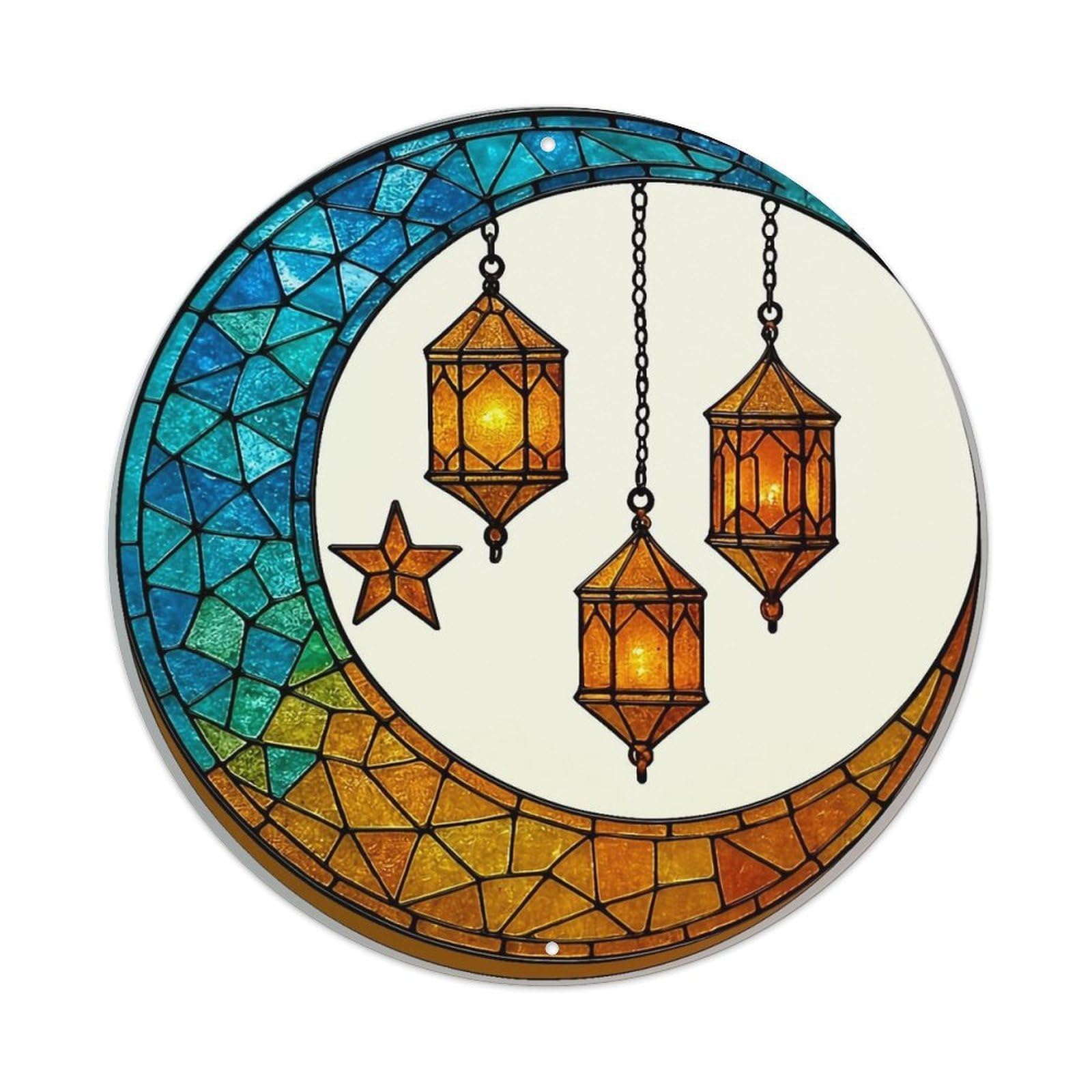 Stained Glass Moon Star Lanterns Retro Metal Sign Round Tin Sign, Vintage Decor Art Poster for Bar, Home, Man Cave, Kitchen, Laundry Room Gift 8x8Inch