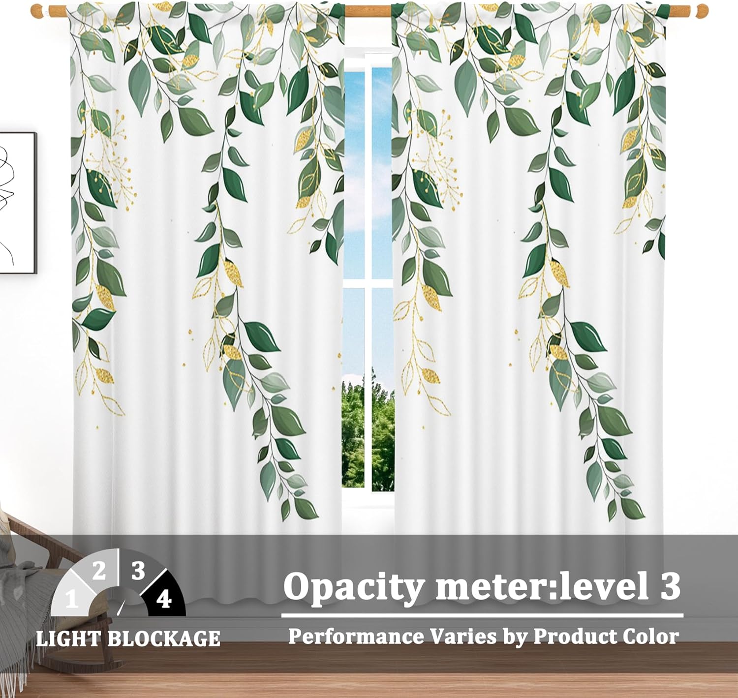 Renaiss 53 x 84 Inch Green Golden Leaves Semi Sheer Kitchen Curtains Tier Elegant Plant Small Window Treatment Spring Botanical Window Curtains for Cafe Bathroom Dining Room Linen Fabric 2 Panels