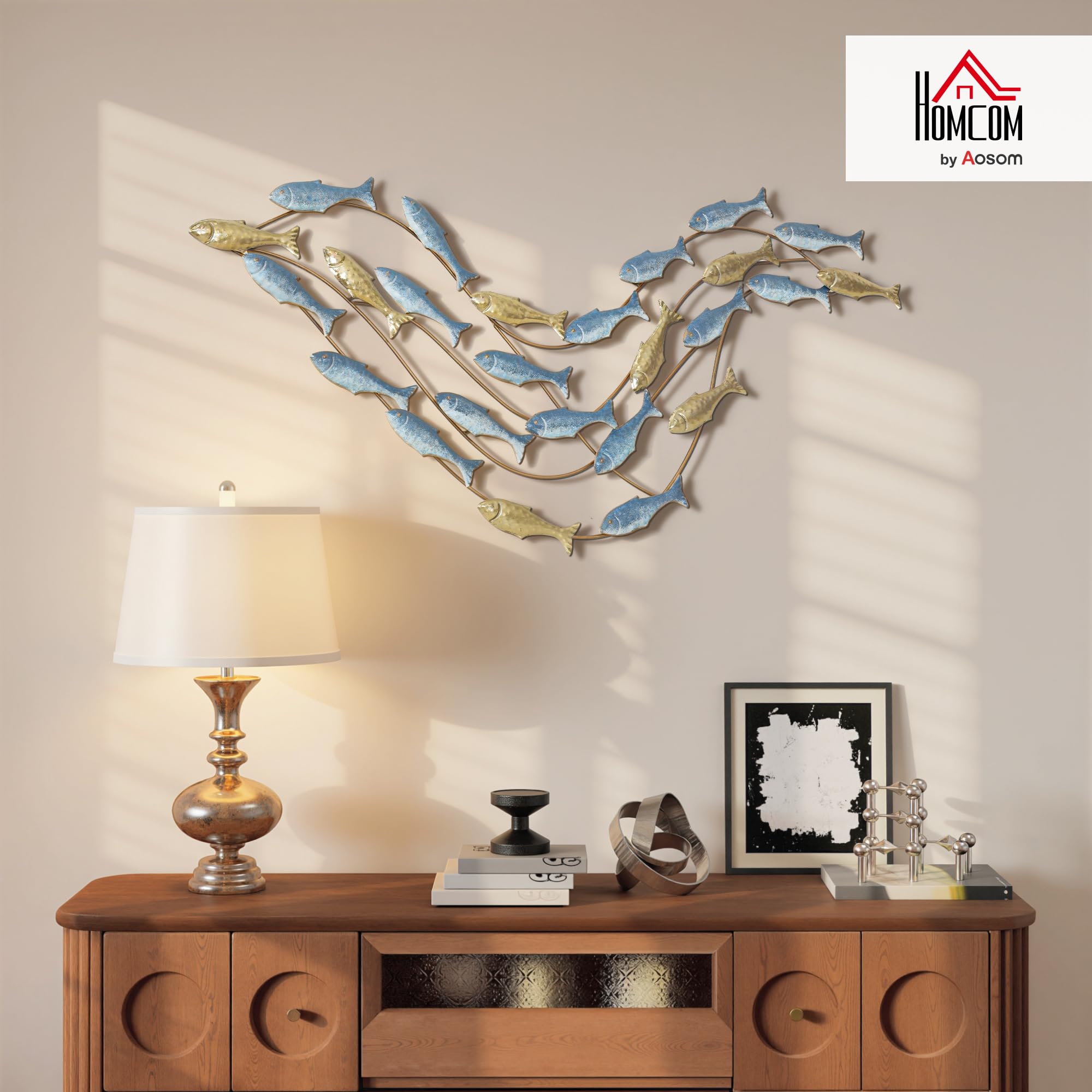 HOMCOM Decorazione Parete di Banco di Pesci con Viti Incluse per Casa e Ufficio, Wall Decor in Metallo, 99.7x3.8x50.2 cm, Oro e Blu