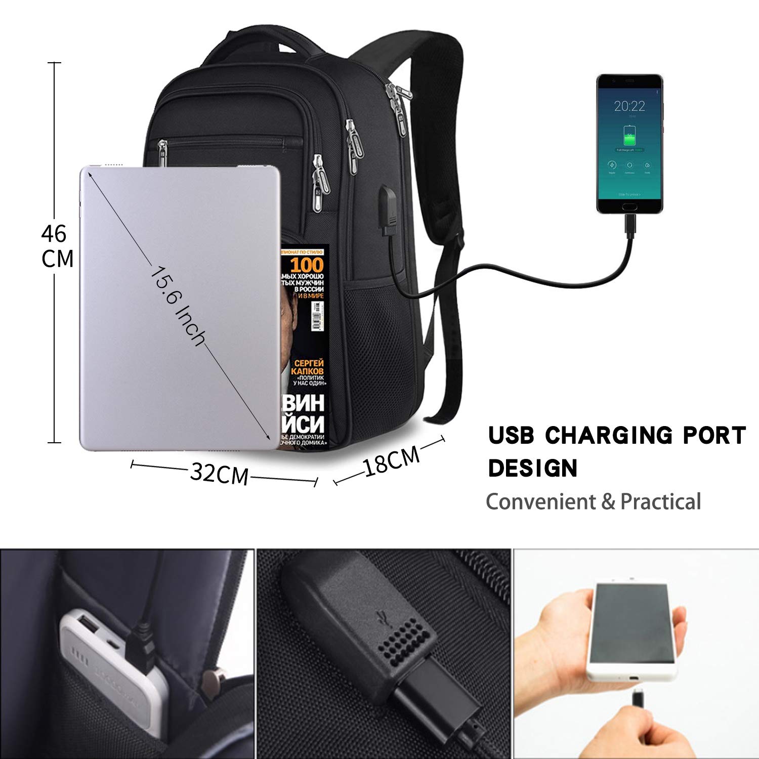 FANDARE Sac à Dos Ordinateur Portable 15.6 Pouces Homme Femme Imperméable avec USB Sac à Dos d'affaires Sac à Dos Fonctionnel Sac a Dos PC Portable pour Loisirs/Affaire/Scolaire Polyester Nouveau Noir