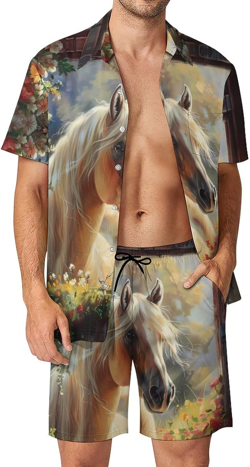 Horse From Window Flower Men's Summer Beach Outfits Shirt And Shorts Set 2 Piece Vacation Swimwear