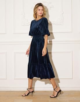 Olasa Velvet Midi Dress Short Sleeve Smocked Waist Formal Cocktail Dress