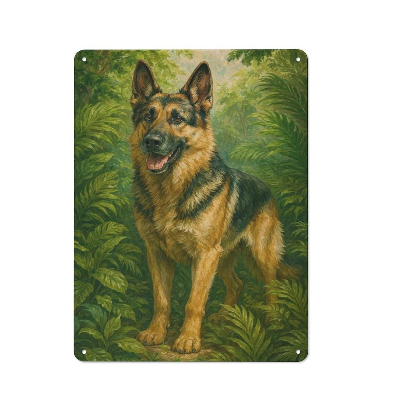 German Shepherd in Lush Greenery Painting Industrial-style Tin Sign 40x30cm for Café Or Home Bar, for Cooler-month Interiors with Industrial Character