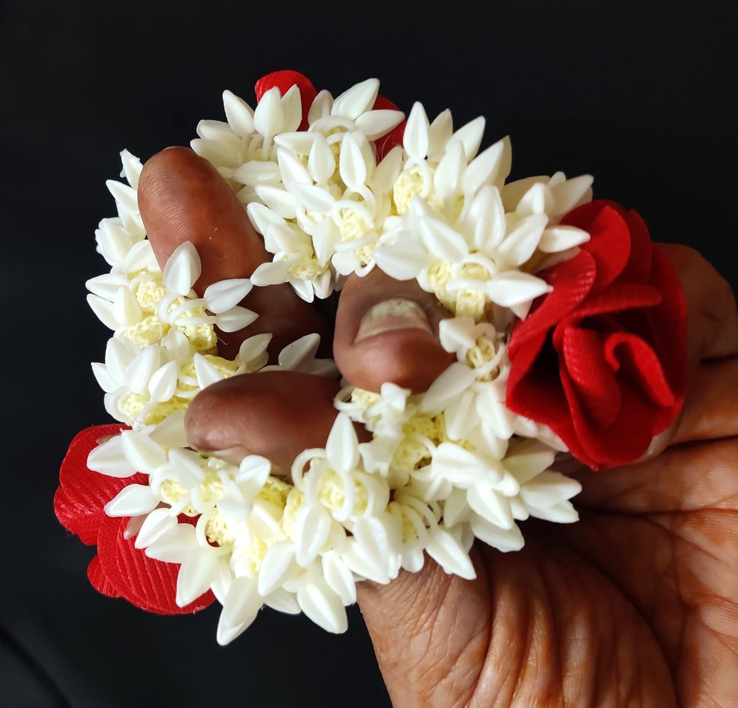 Mogra Scented Hair Rubber Band Gajra for Women & Girls-Artificial Jasmine Flower Hair Accessory | Traditional Floral Hair Bun Decoration (Off White, Red, 12 Pcs)