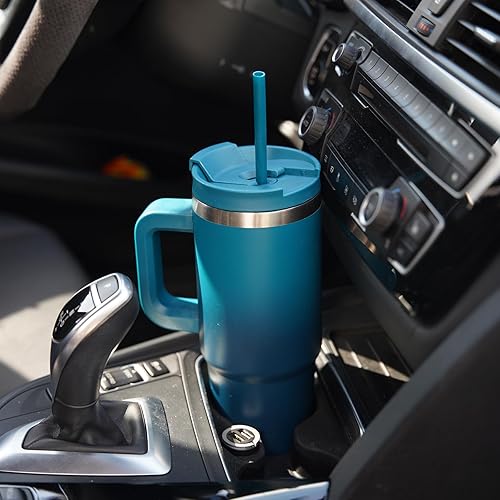 Miniatura 6 de Vaso de 40 fl oz con asa y 2 popotes, con tapa 2 en 1, botella de agua con aislamiento de acero inoxidable, taza de café y para viaje, color limón