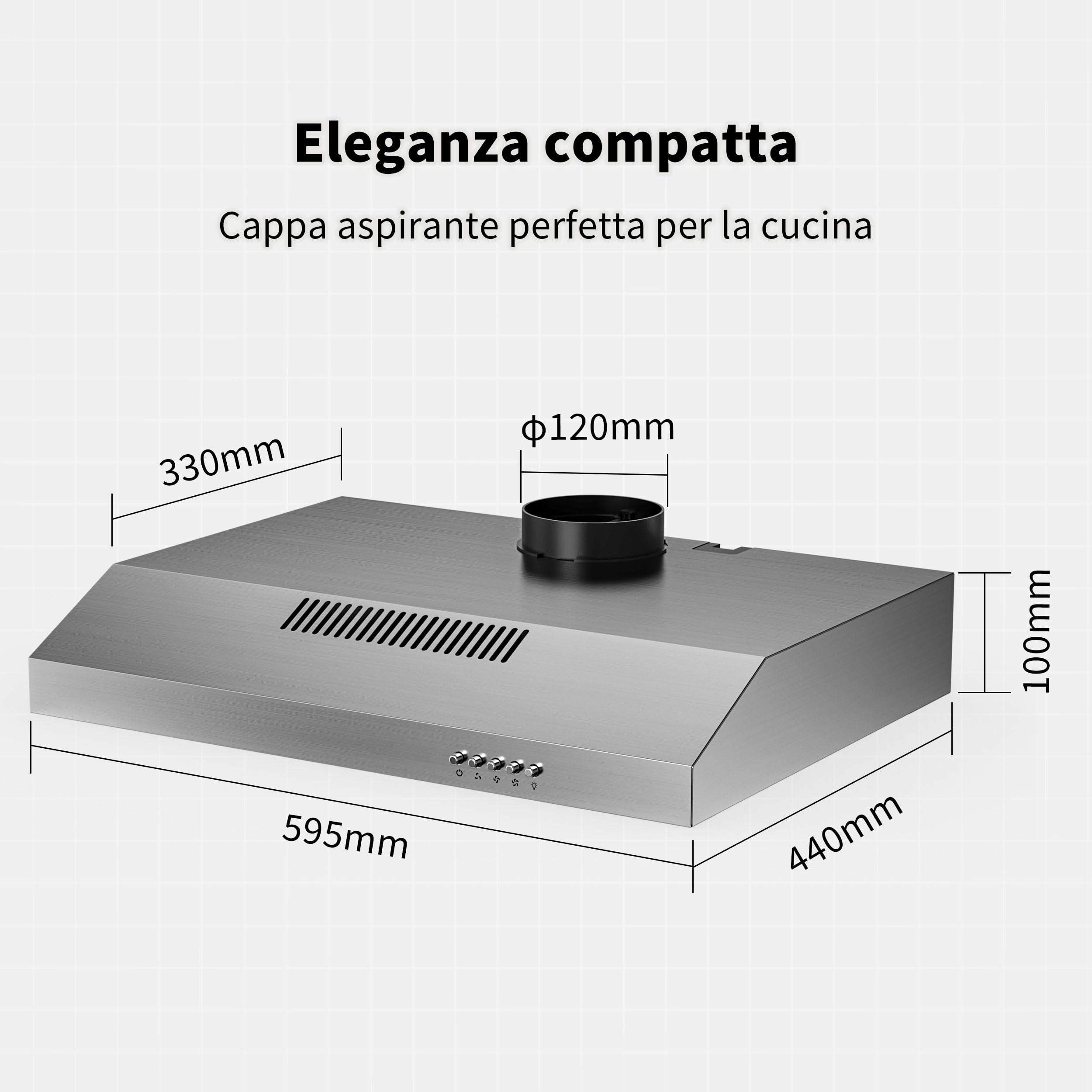 FIREGAS A+, cappa aspirante, 60 cm, ricircolo e scarico, 3 livelli di potenza, filtro al carbone incluso, silenzioso e a risparmio energetico, illuminazione a LED, acciaio inox