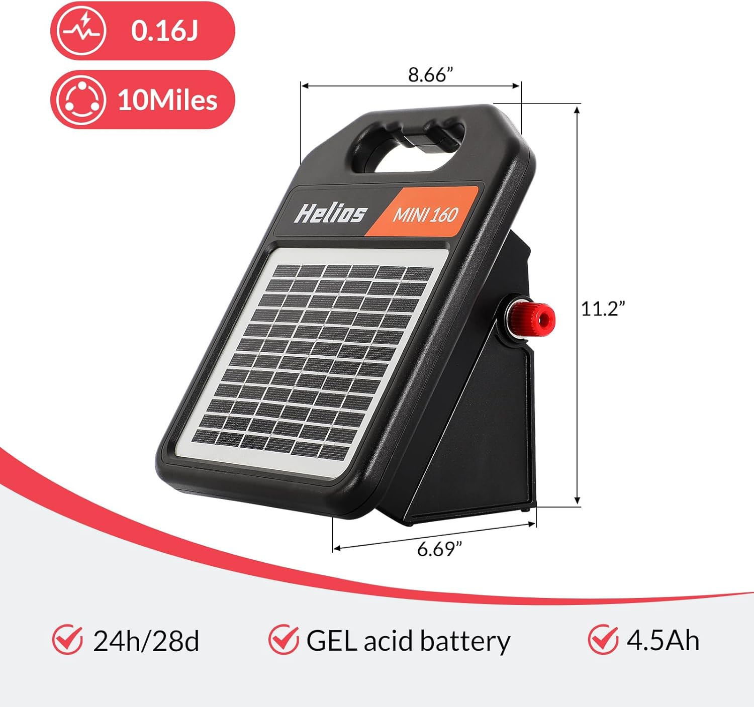 10 Miles Solar Electric Fence Charger with Day/Night Mode, 0.16J Portable Solar Fence Charger with Rechargeable Solar Panel for 24-Hour Uninterrupted Protection Electric Fence Energizer