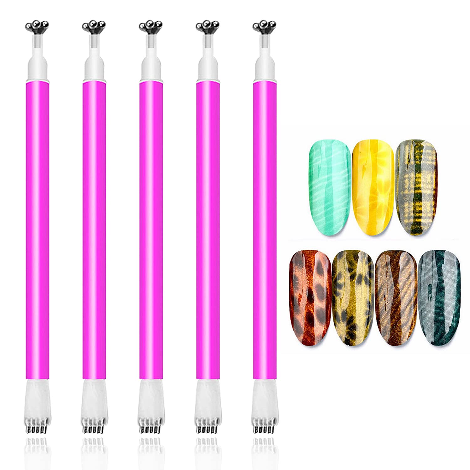 JERCLITY 5 Pieces Nail Magnet Stick Cat Eye Magnet Tool Double-Headed Flower Design Nail Art Magnet Pen Set Magnet Wand Strong Magnet Stick Dotting