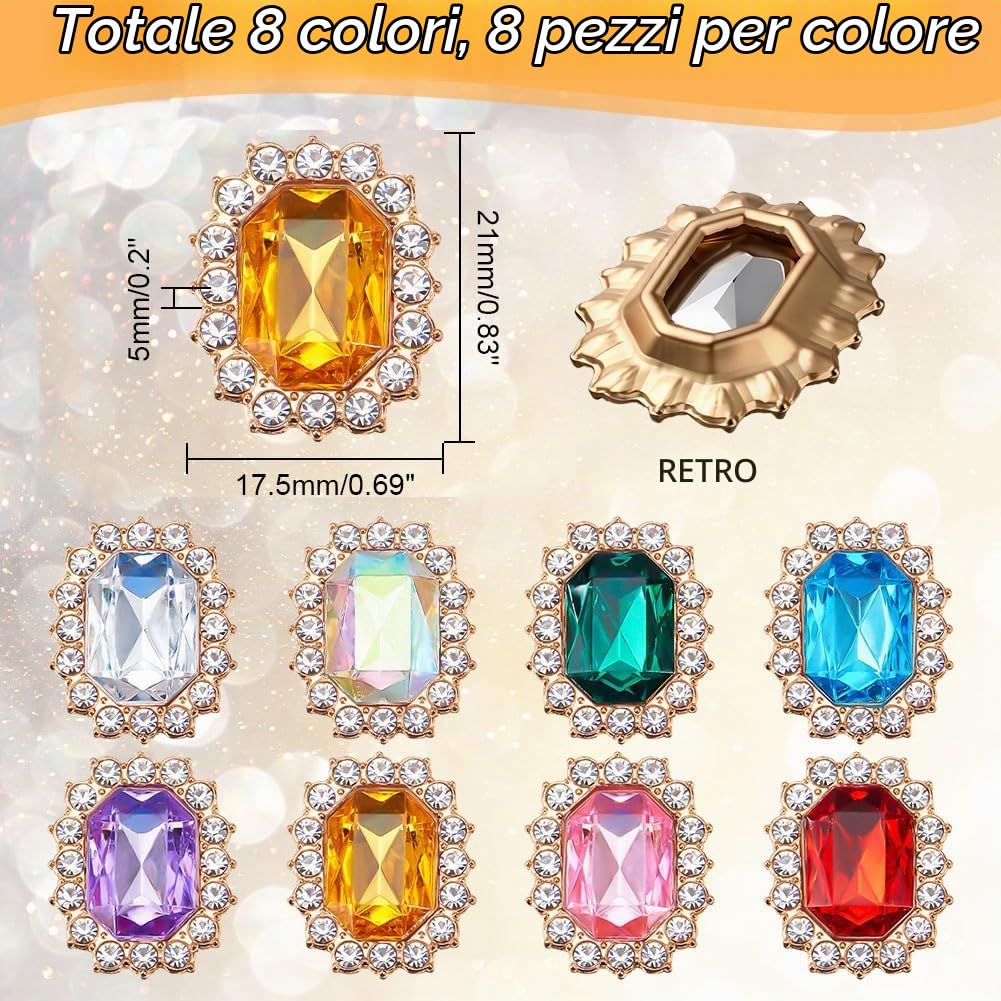 arricraft 64 pz 8 colori Abbellimenti di Strass di Lusso, Bottoni con Strass Sfaccettati Lucidi Sul Retro Piatto Cuciti su Spilla Avvolta In Cristallo Fondo Rettangolare per Abbigliamento