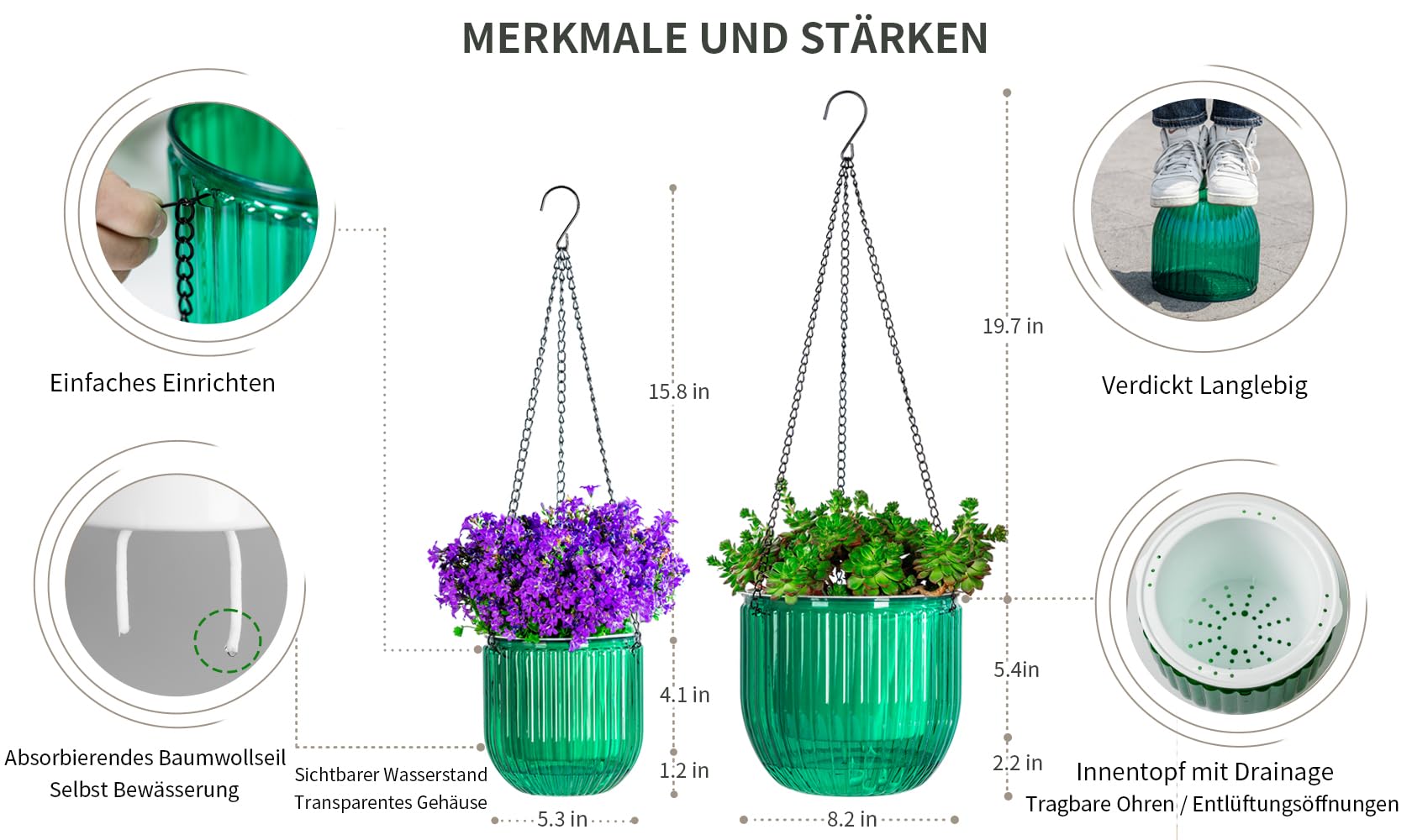 Lot de 2 pots de fleurs suspendus - 13,5/21 cm - Pour l'extérieur et l'intérieur - Pot de fleurs suspendu pour plantes