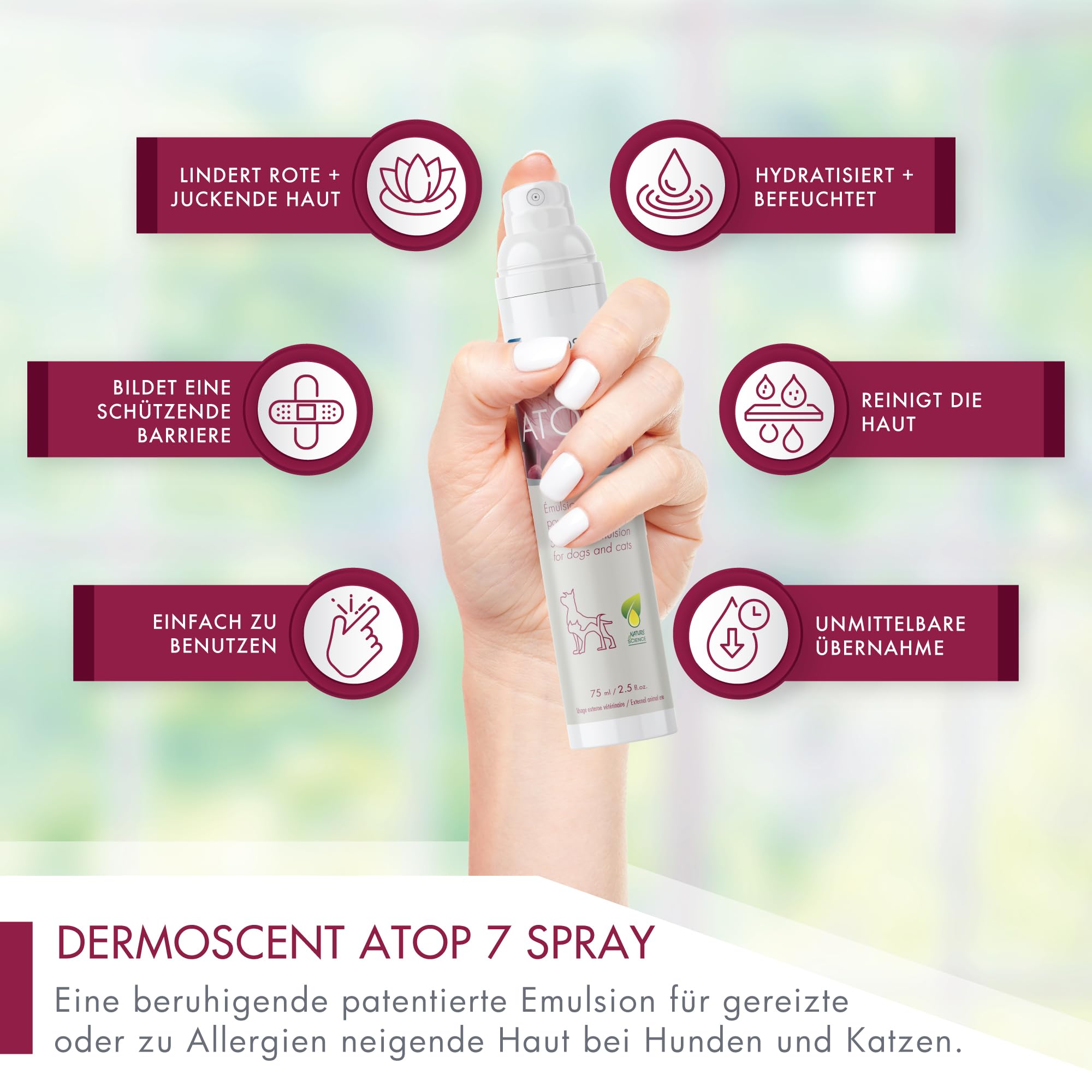Pflegespray gegen Juckreiz und Geruch | Sensitives Spray für Hunde und Katzen mit empfindlicher Haut | Alternative zu Hundeshampoo bei Milben und Hautirritationen | Atop 7 Spray von Dermoscent