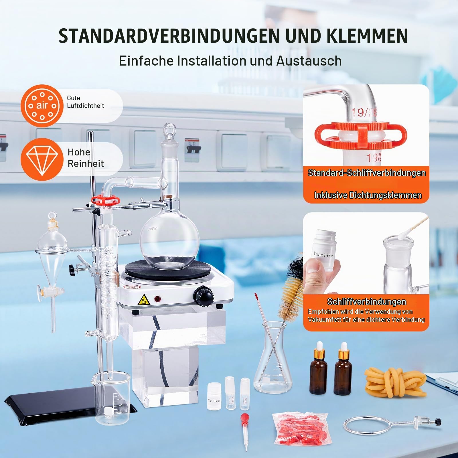 VEVOR Destillationsset für Ätherische Öle, 500 ml Destillationsapparat, 3,3 Boro-Laborglas-Destillationsset mit 1000 W Heizplatte und 24, 40 Gelenken, 33-teiliges Set