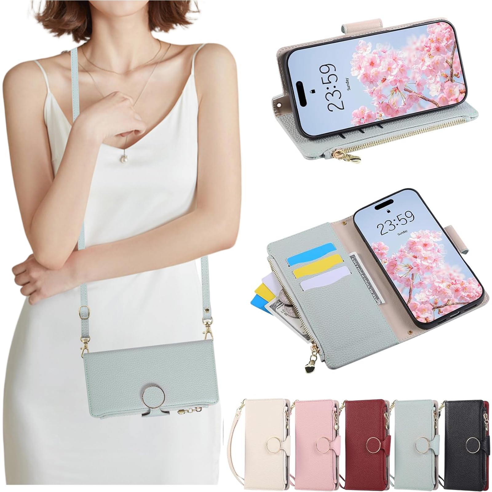 Mldjomid に適合するiPhone 17 ケース 手帳型 いPhone17スマホケース 財布一体型 全面保護 ケース アイフォーン17 携帯カバー クロスボディハンギング 小銭入れ【 ストラップ 長+短 2本】 アイフォーン17 ケース 手帳型 スタンド機能 カード収納 ジッパー財布型カバー 高級PUレザー 手首/肩掛けストラップ付 (青)