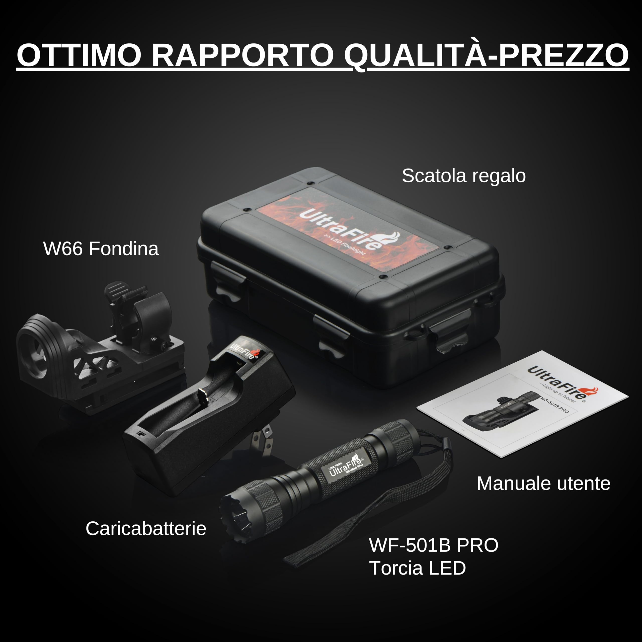 UltraFire Torcia tattica con fondina, torcia LED a 1200 lumen a singola modalità per forze dell'ordine con supporto per cintura, batteria ricaricabile e caricatore, piccola torcia WF-501B PRO