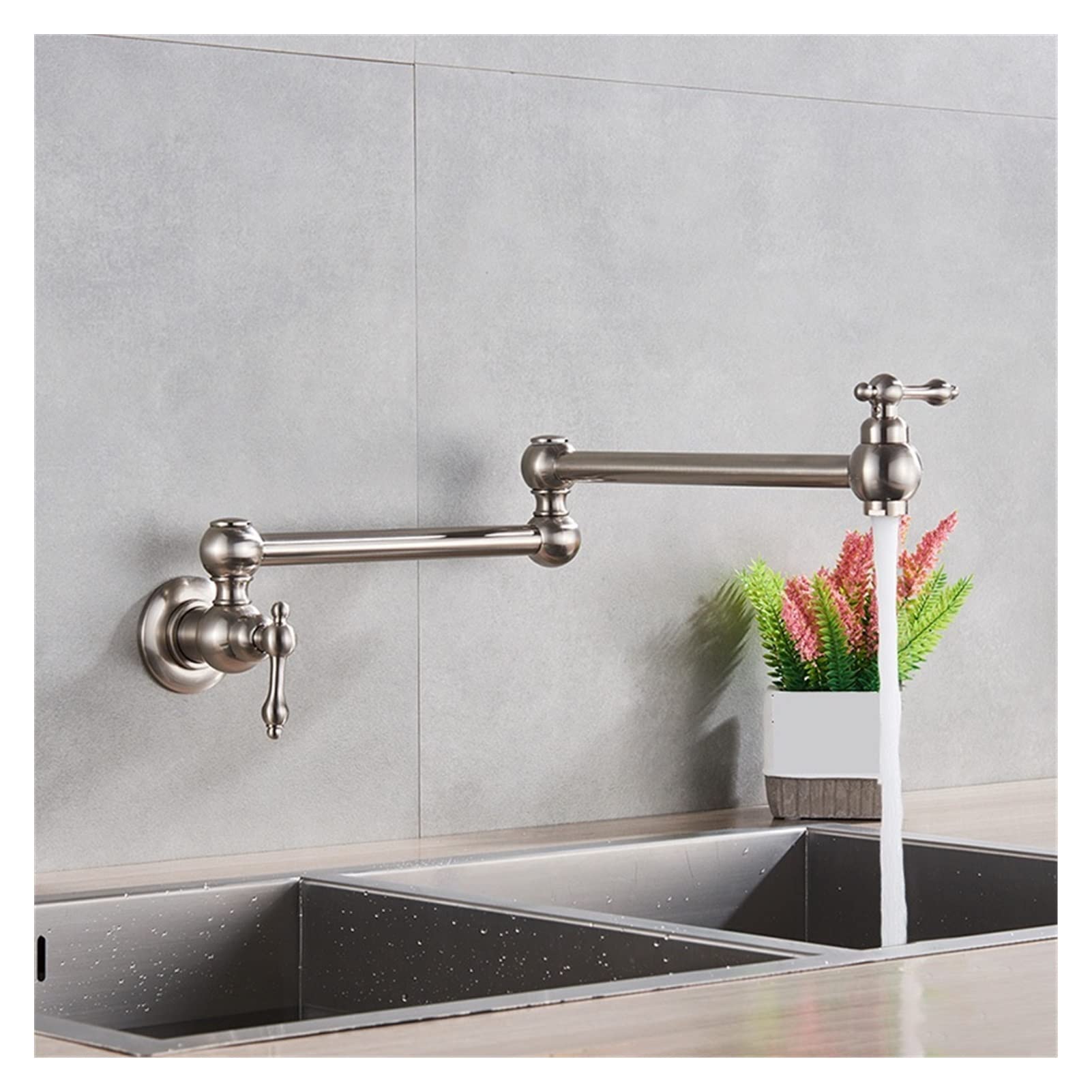 Flexible Swivel Tap, Black Rotated Kitchen Sink Cold Water Tap Faucet Solid Brass Basin Swivel Faucets Wall Mounted Pot Filler(Brushed Nickel)