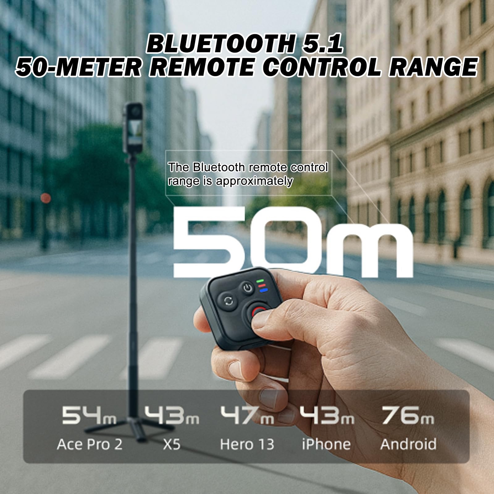 Télécommande GPS Bluetooth : portée de 50 m, télécommande intelligente sans fil avec dragonne pour câble de charge USB, télécommande Bluetooth étanche pour Insta360/Hero/iOS/Android