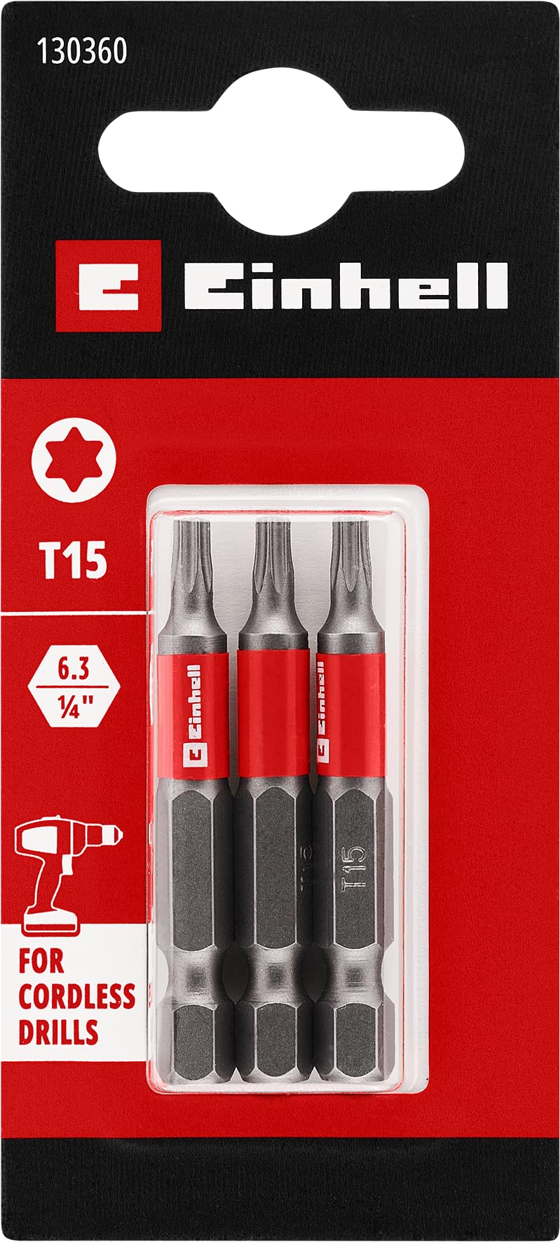 Original Einhell Standard Bits 3 Piece 50mm T15 (Chrome Vanadium, Precision Screws, Good Control, Red Color Ring, E 6.3 Shank)