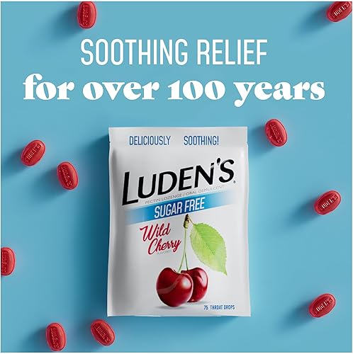 Miniatura 5 de Ludens Pastillas para aliviar el dolor de garganta para irritación diaria menor y boca seca, gotas con sabor a cereza silvestre sin azúcar, 75